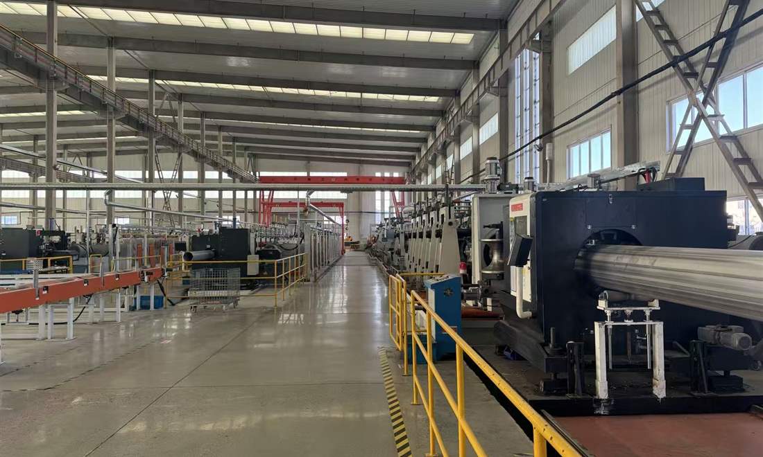 Steel pipe production line inside the workshop